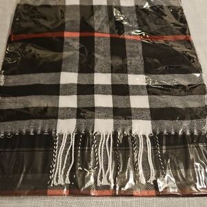 Elegant Cashmere Scarf Black and White Plaid Scarf with Red Accents 72"x 12" New